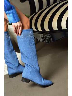 Fox Shoes R726627510 Mavi Kot Taş Detaylı Kadın Çizme