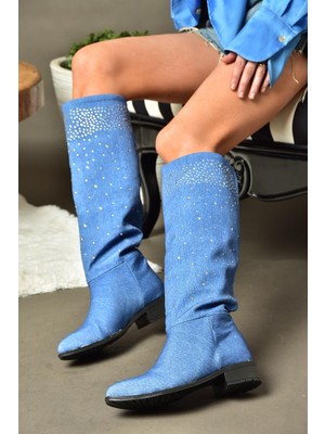 Fox Shoes R726627510 Mavi Kot Taş Detaylı Kadın Çizme