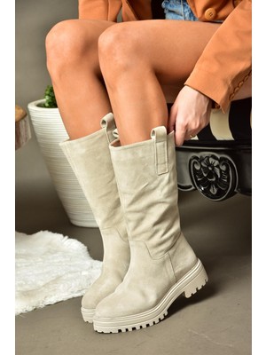 Fox Shoes R555267002 Bej Hakiki Deri Süet Kadın Çizme