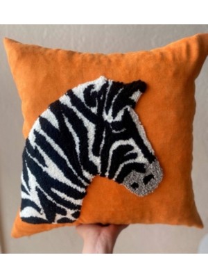 Sistaful Özel Tasarım El Işçiliği Turuncu Zebra Motifli Punch Kırlent Kılıfı 45X45