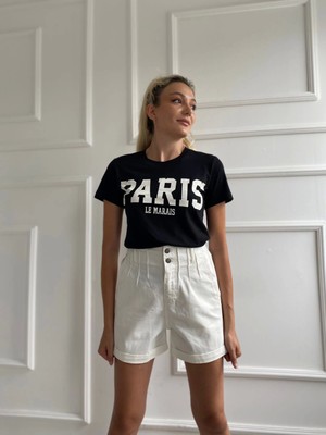 Key Moda Kadın Basic Tişört Paris Le Maraıs Baskılı Siyah