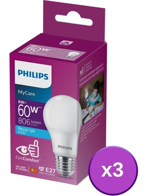 Philips LED 8-60W Ampul 6500K Beyaz Işık 3'lü