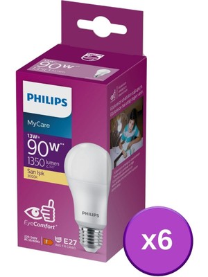 Philips LED 13W Ampul 3000K Sarı Işık 6'lı