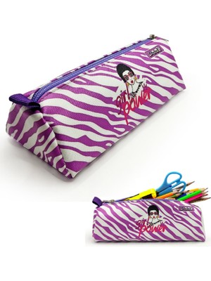 Limmy Kalem Kutusu Zebra Super Girl Kalemlik Üçgen Kalemkutu Vegan Deri Kalemlik- Mor