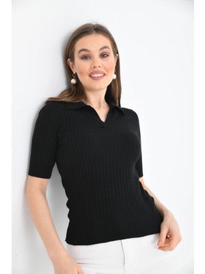 Parkkaron Kadın Slim Fit Pola Yaka Basic Triko Kısa Kol Kazak