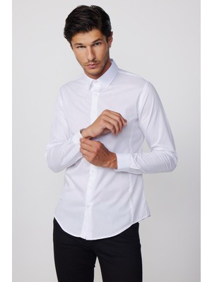 Tudors Slim Fit  Arkadan Pensli Önden Kulplu Düz Trend Beyaz Erkek Gömlek