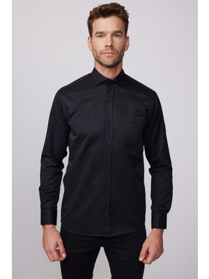 Tudors Erkek Regular Fit Klasik Kesim Armürlü Kravatlık Yaka Desenli Siyah Gömlek