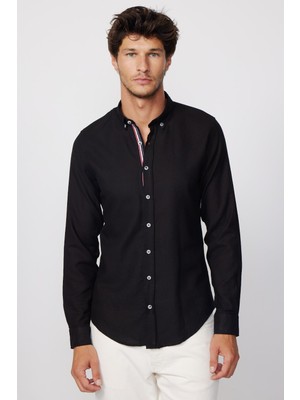 Tudors Slim Fit Uzun Kol Pamuk Keten Biyeli Düğmeli Yaka Siyah Erkek Gömlek