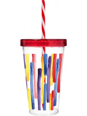 Krommet Pastel Çizgi Desen Pipetli Bardak 660 cc