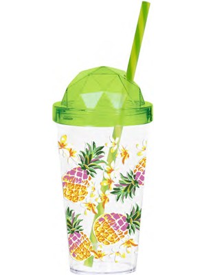 Krommet Ananas Desen Elmas Kapak Pipetli Bardak 660 cc