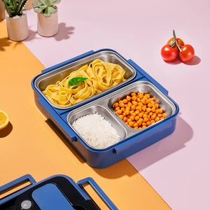 1392-2  Isı Yalıtımlı 3 Bölmeli Çelik Hazneli Beslenme Kutusu Lunchbox Sefer Tası - Mavi