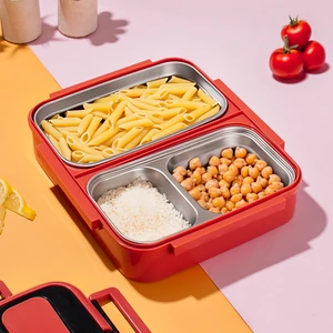 1392-3  Yalıtımlı 3 Bölmeli Çelik Hazneli Yemek Kabı Beslenme Kutusu Lunchbox Sefer Tası Turuncu