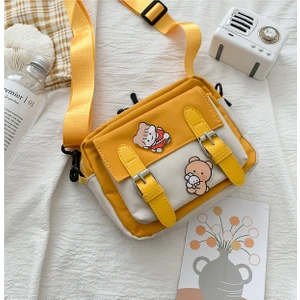 Sarı Crossbody Kadın  Sevimli Kız Kanvas Öğrenci Kore Versiyonu Tek Omuzlu Küçük Kare Çok Fonksiyonlu Tüm Maç Çantası (Yurt Dışından)