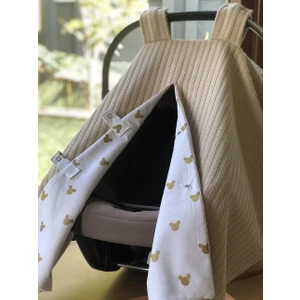 Derin Boutique Bej Örgü Gold Mickey Desenli Çift Yönlü Kullanımlı Puset Örtüsü