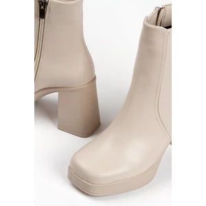 Kadın Bej Yüksek Topuklu Fermuarlı Bot