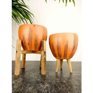 Bitki Tasarımı Ev Dekorasyon Siyah Çizgi Desenli Terakota Toprak Saksı Saksılık Salon Çiçeklik Ikili Set 3 Ayaklı, 4 Ayaklı 12 cm