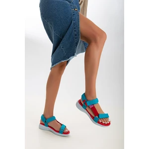 Sandal Spor Kadın Kısa Topuk Rahat Taban Cırtlı Günlük Spor Sandalet SS001-0158 Mavi Kırmızı