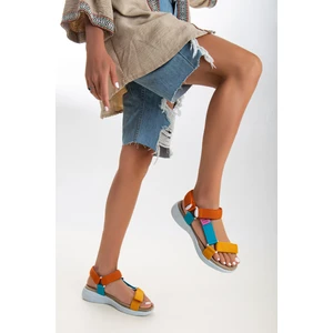 Sandal Spor Kadın Kısa Topuk Rahat Taban Cırtlı Günlük Spor Sandalet SS001-0158 Sarı Oranj