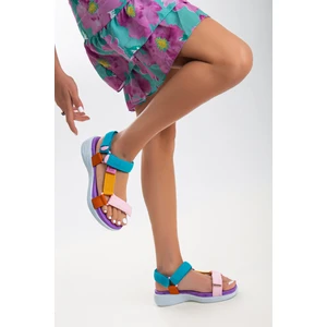 Sandal Spor Kadın Kısa Topuk Rahat Taban Cırtlı Günlük Spor Sandalet SS001-0158 Pembe Mavi