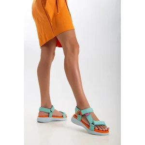 Sandal Spor Kadın Kısa Topuk Rahat Taban Cırtlı Günlük Spor Sandalet SS001-0158 Yeşil Oranj