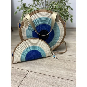 El Örgüsü Mavi Hasır Omuz Çantası Cüzdan Seti