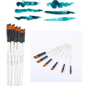 Yan Kesik Uçlu Akrilik Yağlıboya Suluboya Guaj Boya İçin Uygun Beyaz 6 Parça Fırça Seti