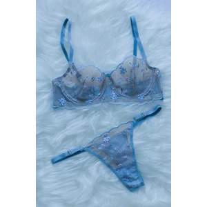 Elizya Butik Barbie Serisinden Mavi Renk Çiçek Desenli Tül Sütyen ve G-String Takımı