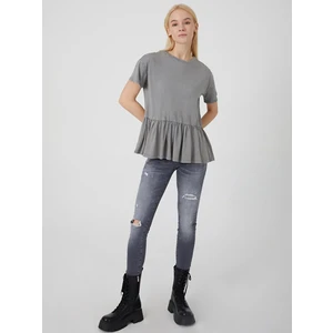 Kadın Soluk Efektli Fırfırlı Koyu Grı T-shırt