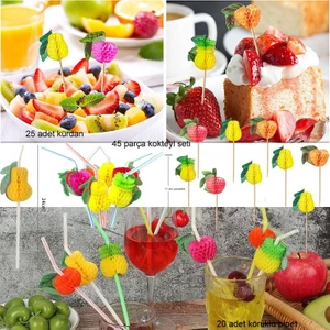 Hawaian Temalı Içecek Kokteyl Pipeti ve Meyve Süsleme Kürdanı Seti 45 Adet