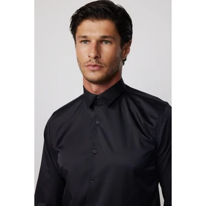 Slim Fit Likralı Düz Stretch Siyah Erkek Gömlek