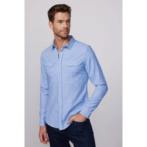 Slim Fit Çift Cep Kapaklı Çıtçıtlı Biyeli Pamuk Keten Mavi Erkek Gömlek