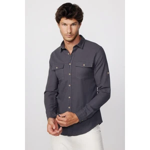 Slim Fit Uzun Kol Çift Cep Pamuk Keten Spor Yaka Füme Erkek Gömlek