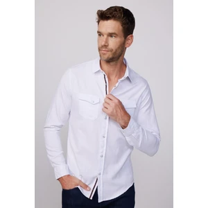 Slim Fit Çift Cep Kapaklı Çıtçıtlı Biyeli Pamuk Keten Beyaz Erkek Gömlek