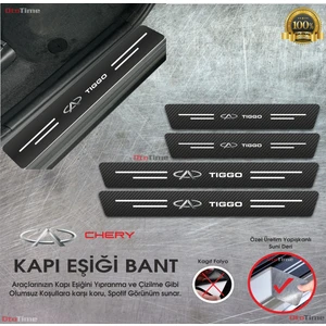 Chery Tiggo  Logolu Karbon Kapı Eşiği Koruyucu Suni Deri 4'lü Set