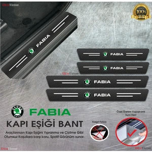 Skoda Fabia  Logolu Karbon Kapı Eşiği Koruyucu Suni Deri 4'lü Set