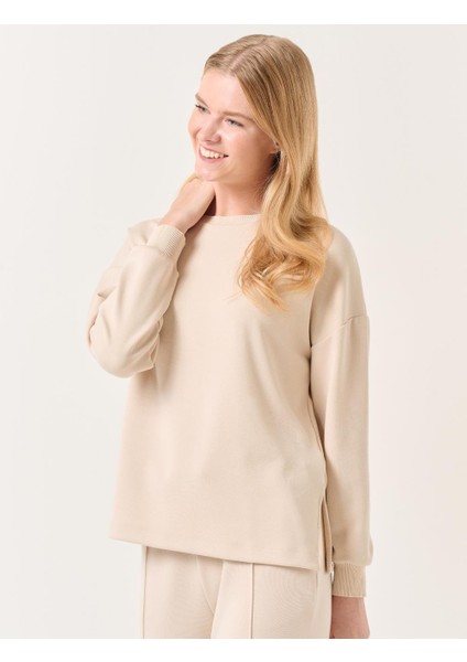 Bej Bisiklet Yaka Uzun Kollu Oversize Sweatshirt