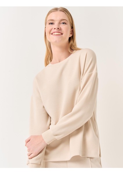 Bej Bisiklet Yaka Uzun Kollu Oversize Sweatshirt