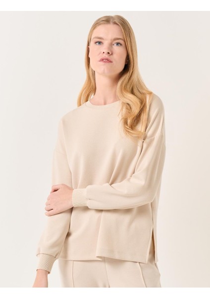 Bej Bisiklet Yaka Uzun Kollu Oversize Sweatshirt