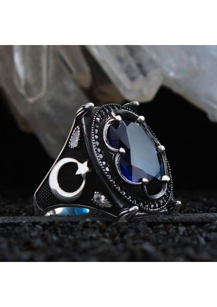 Vog Lacivert Safir Taşlı Ay Yıldız Detaylı Özel Seri 925 Ayar Erkek Gümüş Yüzük