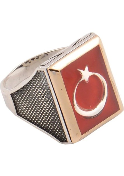 Vog Ay Yıldız Bayrak Motif Yanı Nokta Desen 925 Ayar Gümüş Erkek Yüzük modelleri
