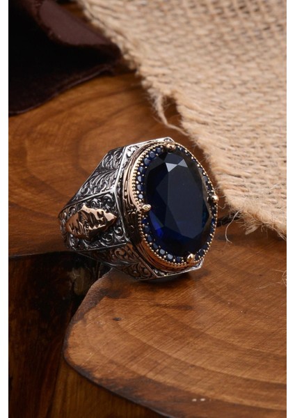 Vog Safir Taşlı Yanı Göktürkçe Türk Yazılı 925 Ayar Erkek Gümüş Yüzük