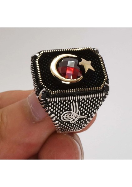 Vog Ay Yıldızlı Tuğra Işlemeli 925 Ayar Gümüş Erkek Yüzük