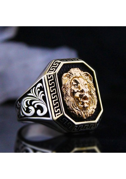 Vog Aslan (Lion) Altın Renk Işlemeli Grek Desen Özel Seri 925 Ayar Gümüş Erkek Yüzük