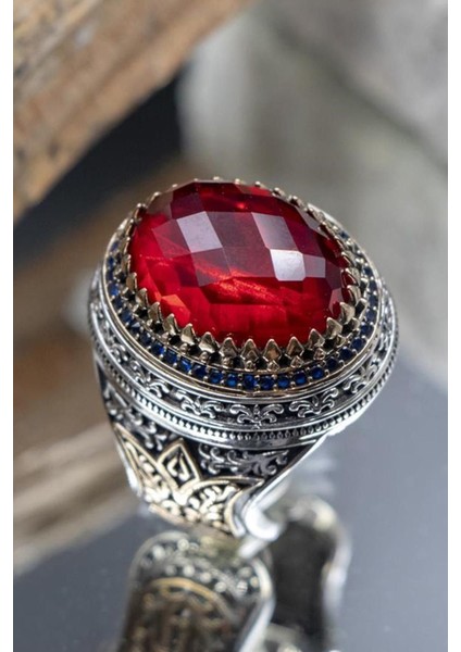 Vog Kırmızı Zirkon Taşlı Ay Yıldız Desenli Yanı Lale Motif 925 Ayar Gümüş Erkek Yüzük