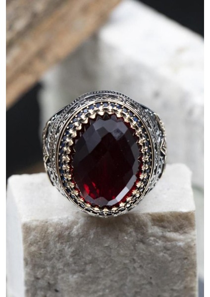 Vog Kırmızı Zirkon Taşlı Ay Yıldız Desenli Yanı Lale Motif 925 Ayar Gümüş Erkek Yüzük fırsatları