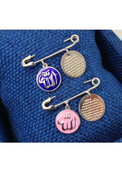 925 Ayar Gümüş Bebek Nazarlık Iğne Allah ve Ayetel Kürsi Yazılı Beyaz Model Pembe