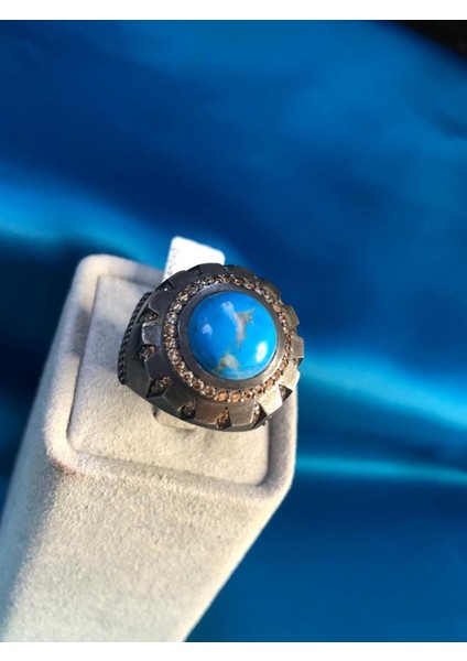 Vog Gotik Tasarım Firuze Turkuaz Taşlı Okside Erkek 925 Ayar Gümüş Yüzük