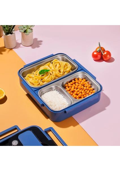 1392-2  Isı Yalıtımlı 3 Bölmeli Çelik Hazneli Beslenme Kutusu Lunchbox Sefer Tası - Mavi