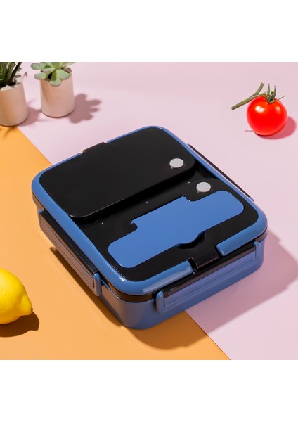 1392-2  Isı Yalıtımlı 3 Bölmeli Çelik Hazneli Beslenme Kutusu Lunchbox Sefer Tası - Mavi