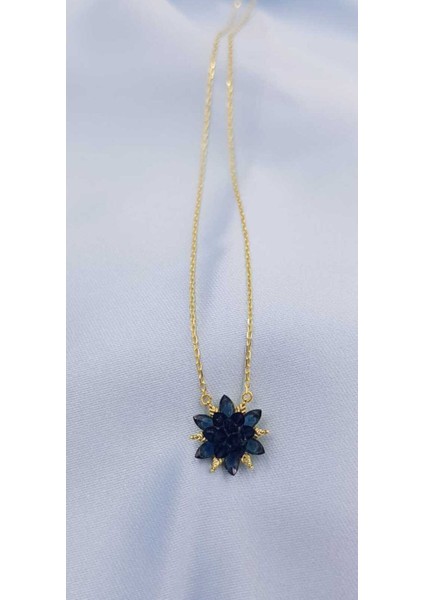 Vog Mavi Zirconia Taşlı Nilüfer Lotus Çiçeği Şık Tasarım 925 Ayar Gümüş Rodiumlu Kolye modelleri